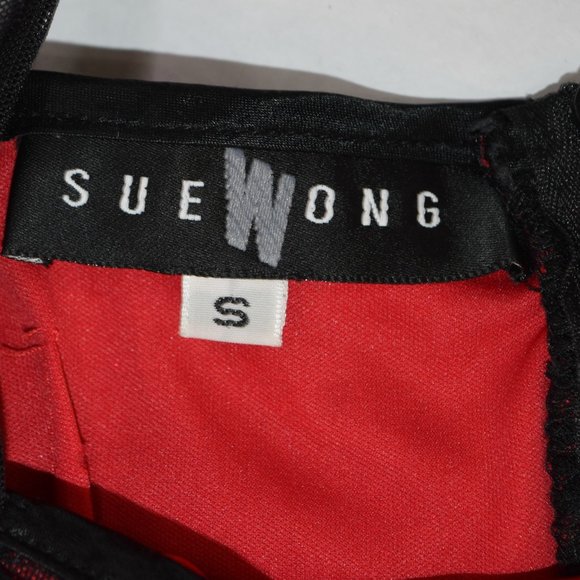 SUE WONG Black Red Mesh Ruched Midi Sheath Dress - Picture 6 of 9